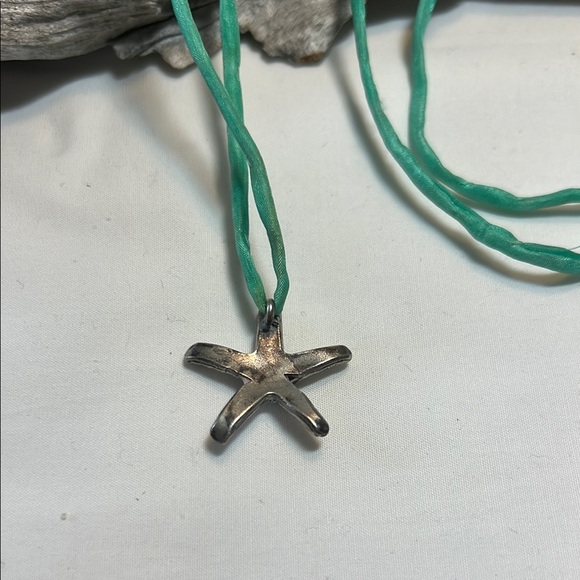 Silver Starfish Pendant on Green Cord Necklace - Picture 3 of 3